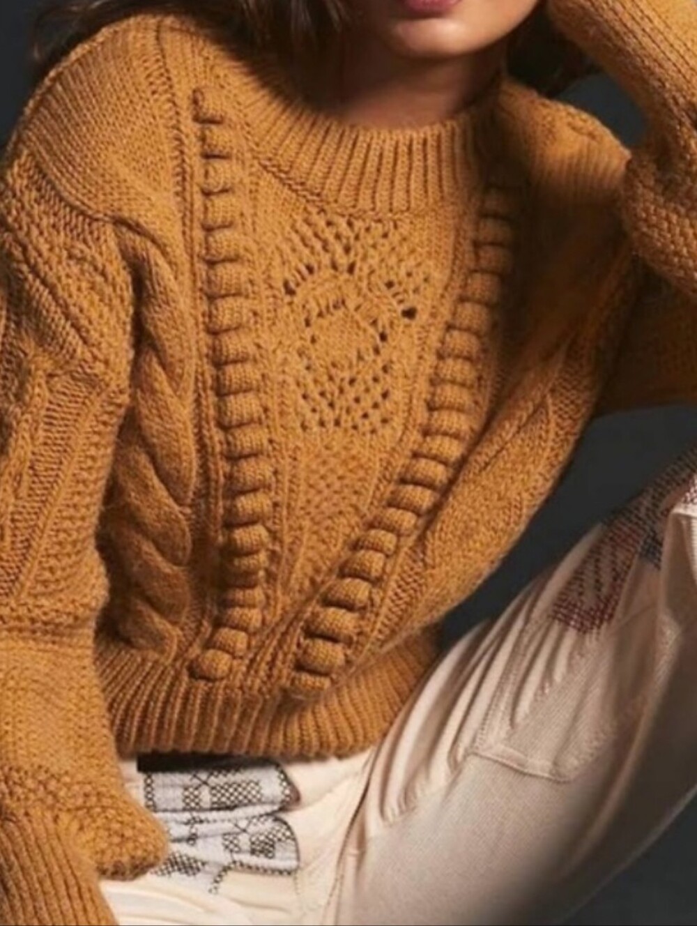 Anthropologie Chunky Knit Sweater Golden Cable Bobble Balloon Sleeve Size Small